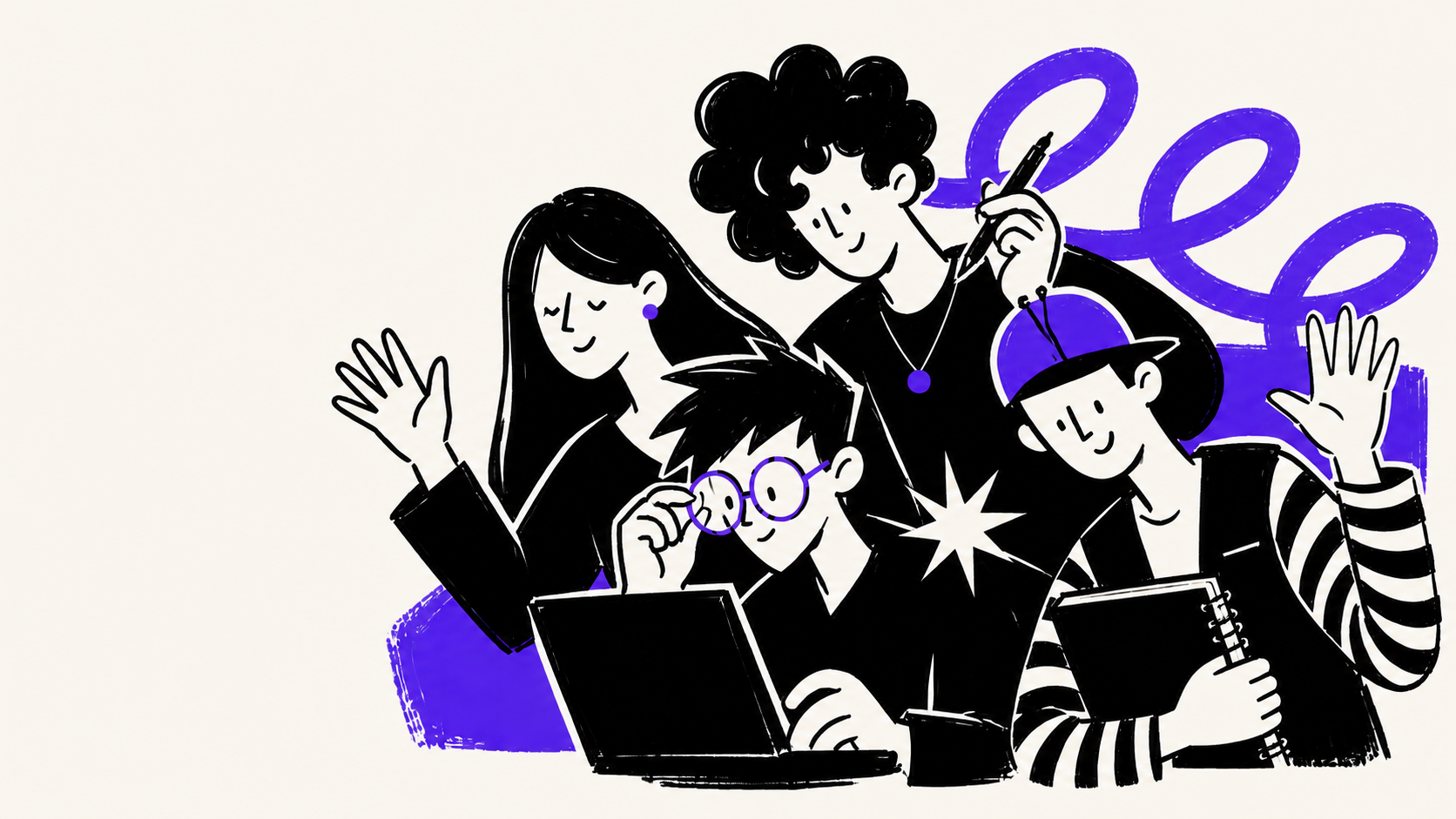 Rachel, Wern, Ronnie and Khor from Purple Bunch waving hello