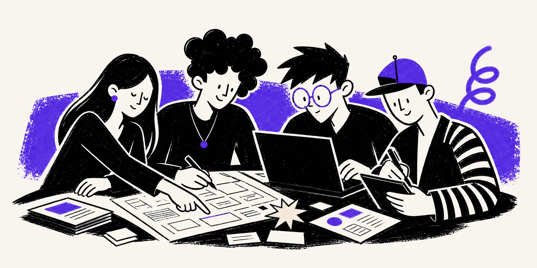 The Purple Bunch working together around a table